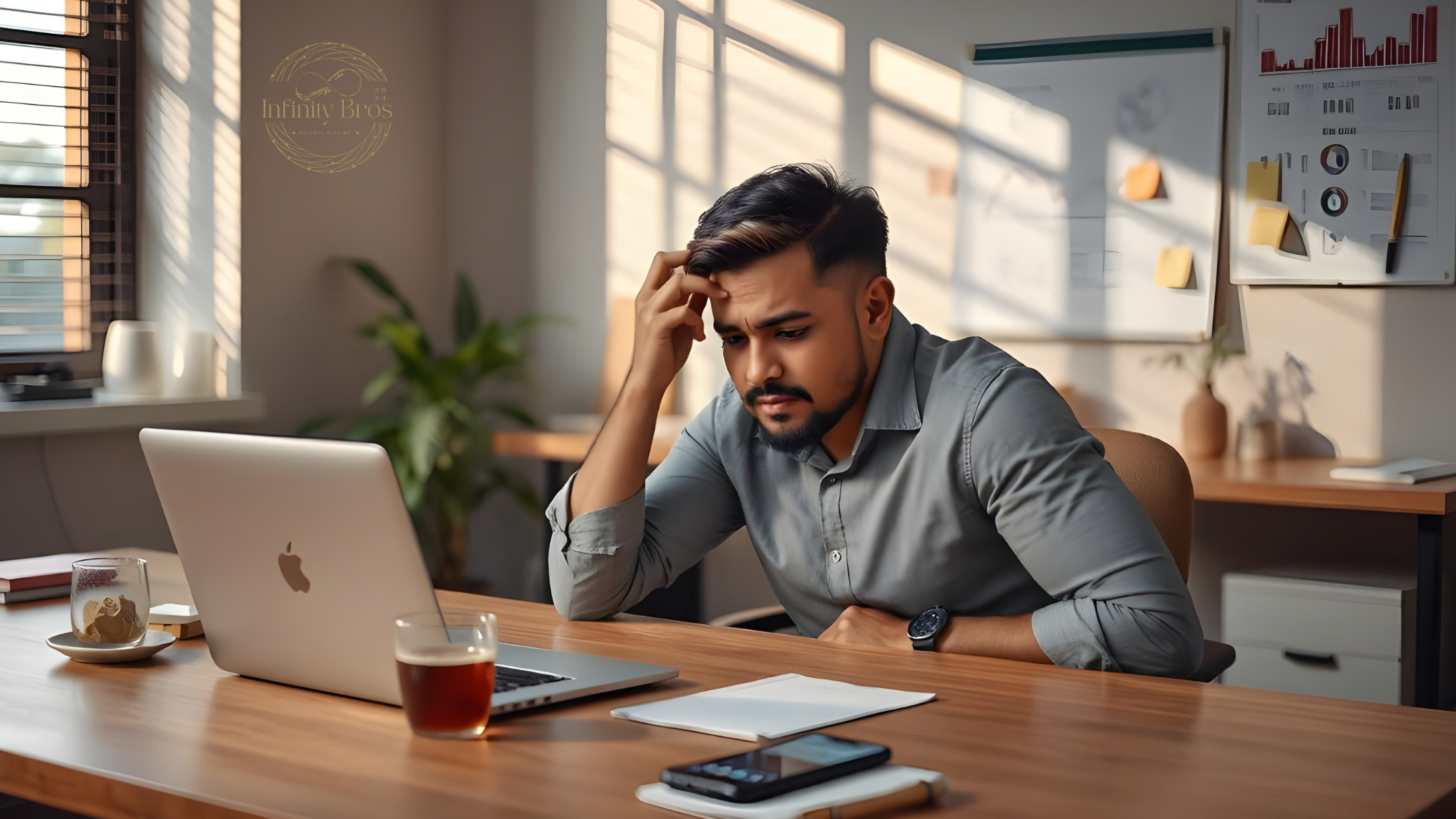 Frustrated Indian business owner sitting at office desk in New Delhi staring at laptop showing declining marketing analytics — digital marketing strategy failure 2026